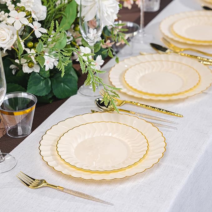Lullaby 60PCS Light Yellow Plastic Plates, Disposable Elegant Plates Include 30pcs Dinner Plate 10.25", 30pcs Plastic Dessert Plate 7.5", Perfect for Wedding and Party