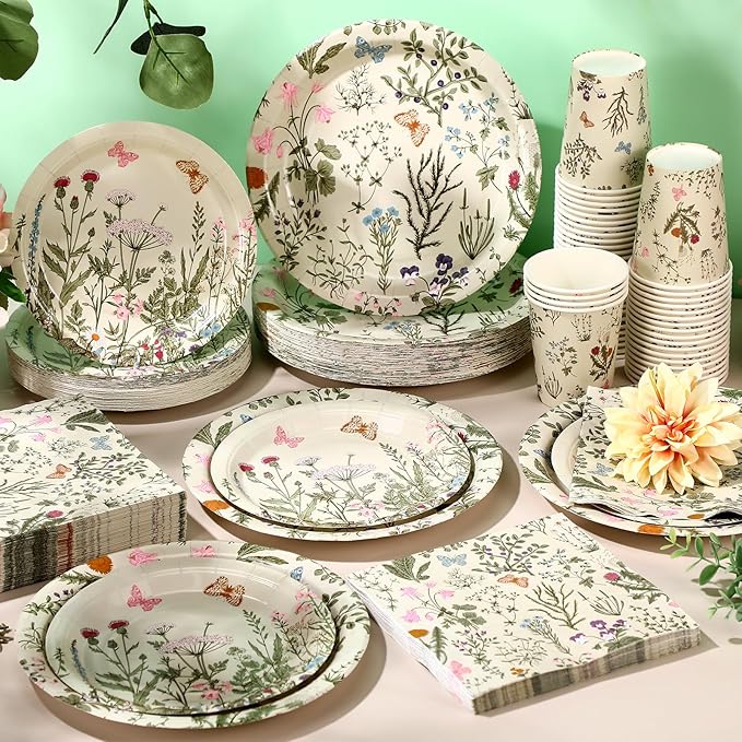 250 Pcs Wildflower Party Decorations Include Spring Summer Floral Paper Plates Napkins and Cups for Wildflower Baby Shower Tea Decorations, Serve 50 Guest(Light Green,Vintage Style)