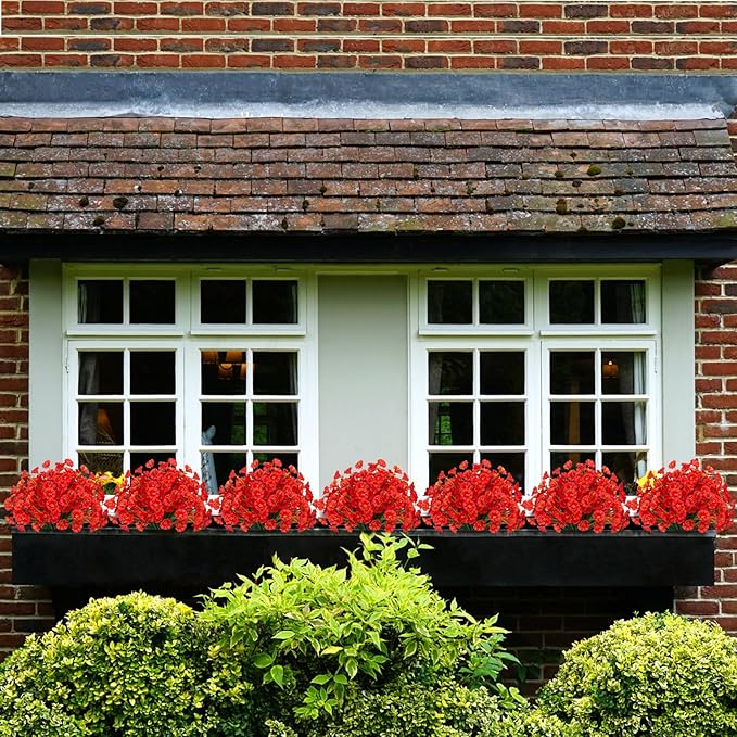15 Bundles Artificial Flowers UV Resistant Outdoor Plants No Fade Faux Plastic Shrubs Fake Silk Flowers Window Box Garden Porch Home Decoration (Morning Glory Red)