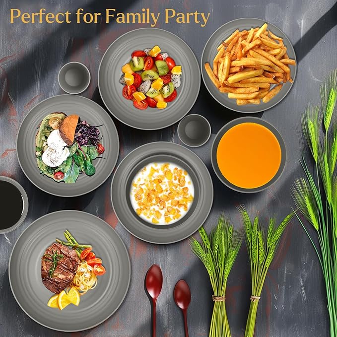 Wrova Wheat straw plates and bowls sets of 16 - Unbreakable wheat straw dinnerware sets for party - Alternative plastic dinnerware set for camping,party and R.V. Grey