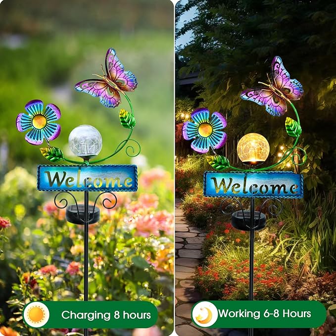 Outdoor Solar Garden Lights with Welcome Sign, Butterfly Ornament Metal Stake Lights for Lawn, Patio, Cracked Glass Balls, for Mom (Butterfly)