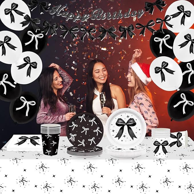 102pcs Black Bow Birthday Party Coquette Decorations Includ Black and White Balloons Banner Paper Plates Napkins Cups Tableware Set with Tablecloth Serve 20 Guests