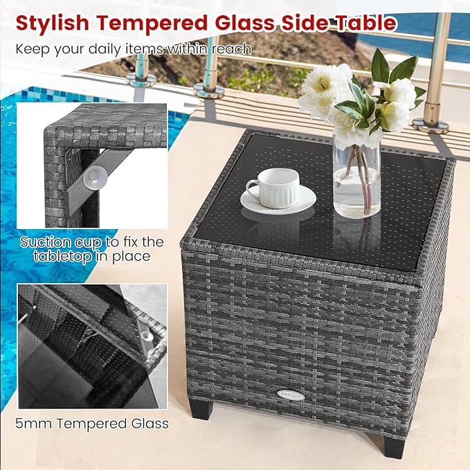 HAPPYGRILL 3 Pieces Patio Conversation Set, Outdoor Furniture Set PE Rattan Sofa Set with Removable Cushions, PE Wicker Chairs with Tempered Glass Side Table for Porch Lawn Garden Balcony Backyard