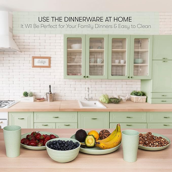 Wheat Straw Dinnerware Sets | Unbreakable Dinnerware Sets | Dishwasher Microwave Safe Dinnerware | Eco Friendly Non Breakable Dinnerware Sets | RV Outdoor Camping (Green, Service for 8 (32 pcs))