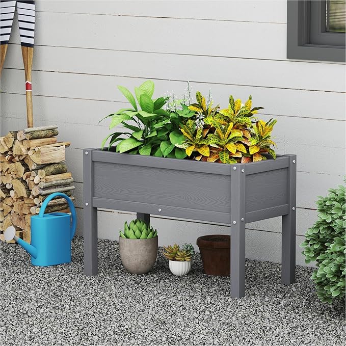 Small HDPE Raised Garden Bed, Elevated Planter Box with Legs, Outdoor All-Weather Planter Raised Beds for Seeds, Herb, Flower, Vegetable (Grey)