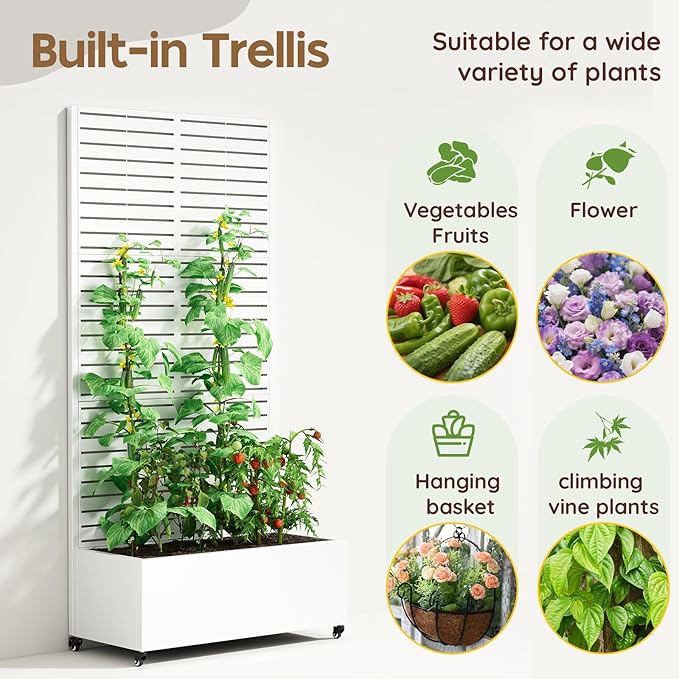 Metal Raised Garden Bed with Trellis & Wheels,70" x 35"x 15.7" Planter Box with Trellis,Privacy Planters for Patio,Garden Bed for Climbing Plants,Suitable for Climbing Plants and Vegetables,White