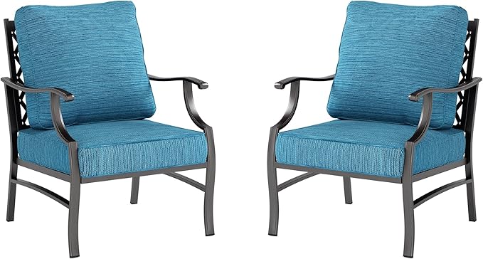 Metal Patio Chairs Set of 2 with 5.75" Extra Thick Cushion, 2 Pieces High Back Outdoor Patio Chairs All Weather Outdoor Furniture Seating for Deck Backyard Balcony Front Porch, Blue-2