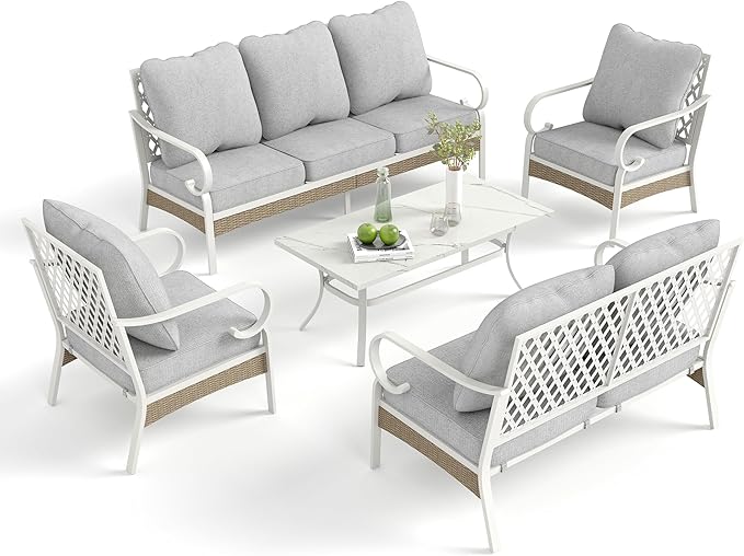 5 Piece Patio Furniture Set, 2 x Fixed Chair, 1 x 2-Seat Sofa, 1 x 3-Seat Sofa with Marbling Coffee Table, 7 Seats Outdoor Conversation Set for Lawn Garden Backyard, Light Gray