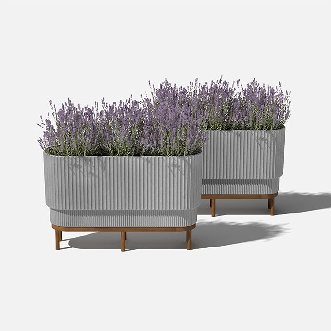 Veradek Demi Series Raised Long Planter for Indoor/Outdoor Use | Made from Plastic & Stone w/Wooden Stand | Modern Patio Décor for Flowers/Shrubs