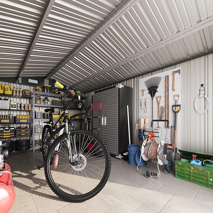 8×15FT Outdoor Storage Shed, Metal Garden Shed with Lockable Double Doors & Sloping Roof, Weather-Resistant Tool Shed for Backyard, Patio, Poolside Brown