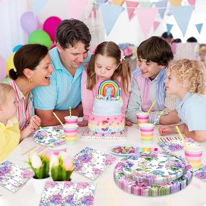 CC HOME Hydrangea Birthday Paper Plates Napkins Pink Purple Flowers Disposable Tableware Set Party Supplies Spring Floral Theme Dinnerware Serves 24 Guests for Audlts Kids Baby Shower Birthday 88PCS