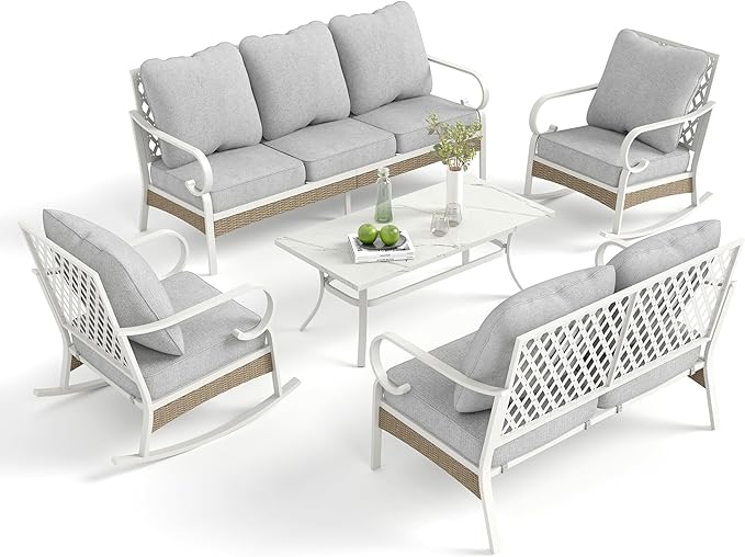 5 Piece Patio Furniture Set, 2 x Rocking Chair, 1 x 2-Seat Sofa, 1 x 3-Seat Sofa with Marbling Coffee Table, 7 Seats Outdoor Conversation Set for Lawn Garden Backyard, Light Gray