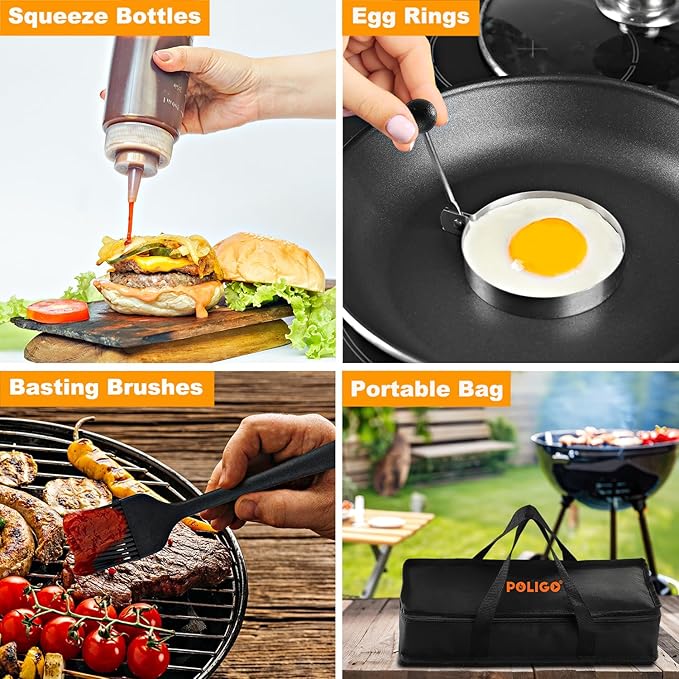 POLIGO 28PCS Griddle Accessories Kit, Flat Top Grill Accessories Set for Camp Chef, Grill Spatula Set with Enlarged Spatulas, Basting Cover, Scraper for Cooking Indoor or Outdoor Barbecue