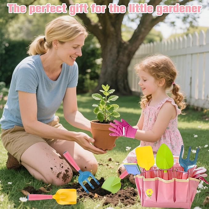 Kids Gardening Tools Set with Tote Bag – 13Pcs Garden Toy Kit for Toddlers, Includes Metal Shovel, Rake, Trowel, Watering Can, Gloves, Pots, Apron, DIY Bookmark & 3D Garden Stickers