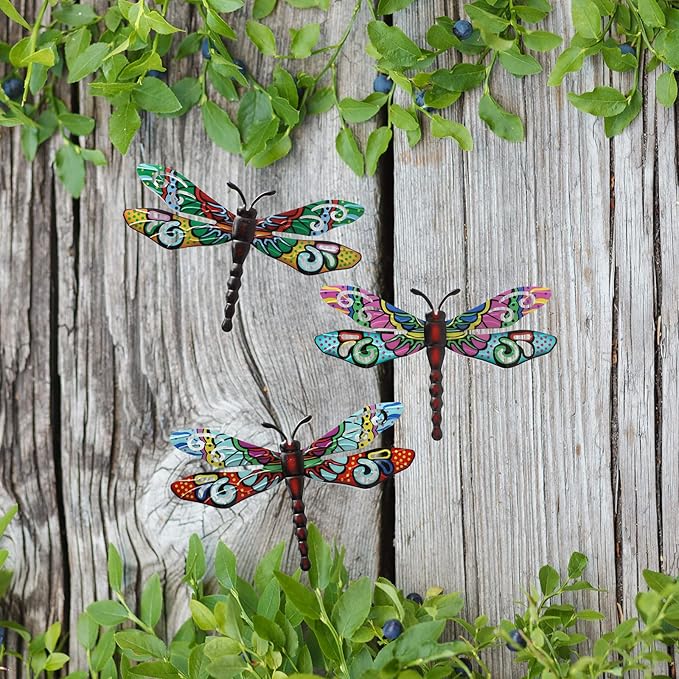 Scwhousi Metal Dragonfly Wall Decor,Outdoor Patio Fenxce Wall Art,Hanging Decorations for Living Room, Bedroom, 3 Pack
