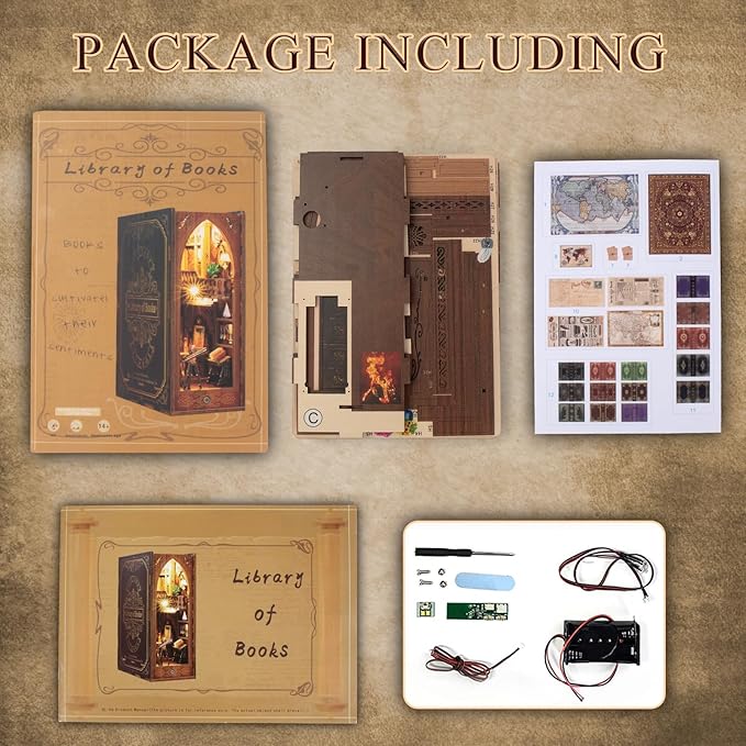 CRIOLPO Book Nook Kit - DIY Doll House Booknook, Book Nook Miniature Kit for Bookshelf Doll Houses for Adults Teen Halloween, 3D Wooden Puzzle Bookends with Sensor Led Light
