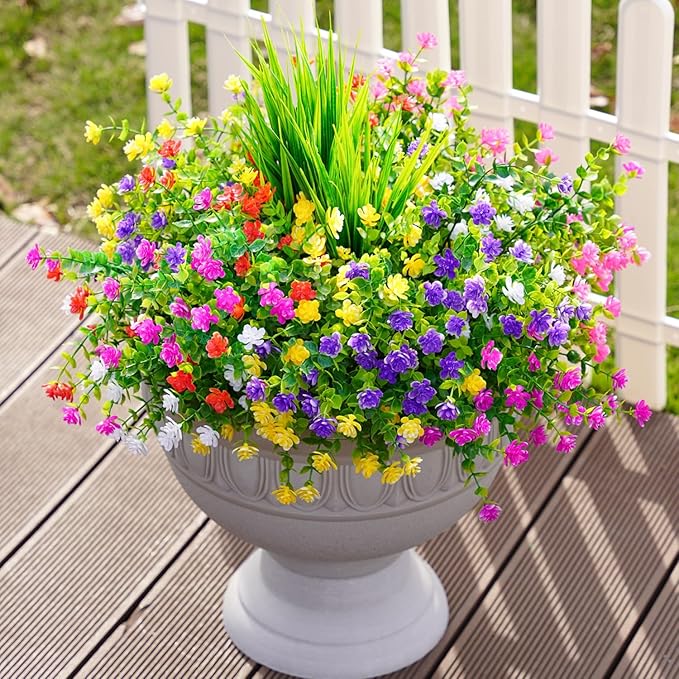 Ivydale Artificial Flowers Plants for Outdoors Decoration, 10 Bundles Fake Plastic Colorful Flowers with Ferns UV Resistant Faux Greenery Bushes Shrubs for Home Porch Patio Garden