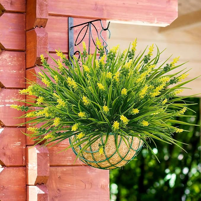 36 Bundles Artificial Plants Outdoor, 18.2" UV Resistant Faux Monkey Grass Greenery Stems No Fade Faux Plastic Flowers Shrubs for Home Weddings Garden Porch Front Patio Office Decor - Yellow