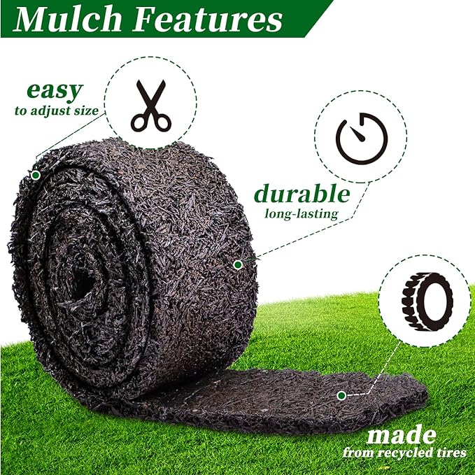 Black Rubber Mulch for Landscaping 120in L x 4.5in W Recycled Garden Edging Border Mat Natural Looking Permanent Garden Mulch Barrier for Plants Vegetables & Flowers 15 U-Shaped Steel Stakes