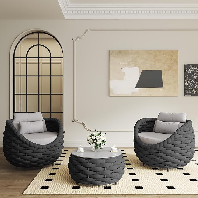 TWT Patio Furniture Sofa Set 4 Pieces Aluminum Outdoor Furniture w/27.8in Coffee Table,Patio Conversation Set with Dark Grey Textilene Rope Grey Cushions for Sunroom Backyard Poolside Indoor