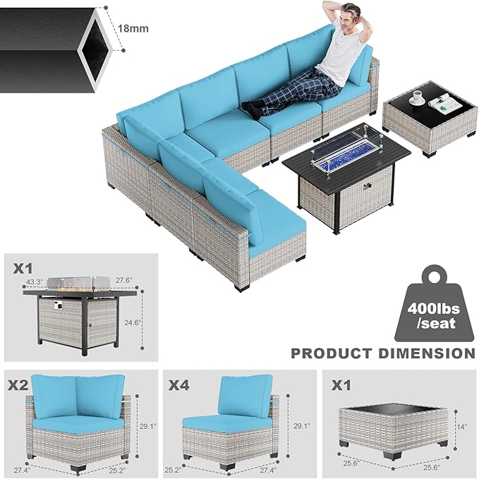 8-Piece Modern Patio Conversation Set with 55,000 BTU Fire Pit Table, Thick Cushions, Dual-Strand Wicker Rattan, Rust-Resistant Frame, Lake Blue