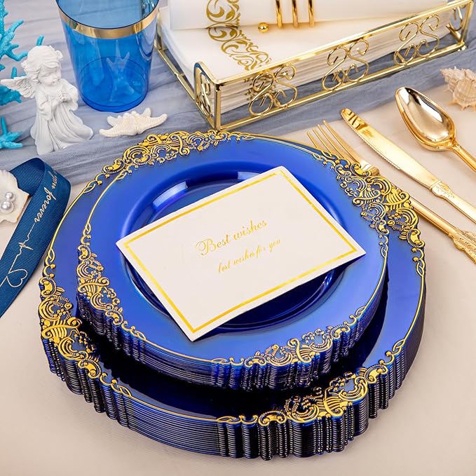 Hioasis 210pcs Blue and Gold Plastic Plates - Elegant Disposable Dinnerware Set Suitable for 30 Guests Include 10.25" Dinner & 7.5" Dessert Plates, Pre Rolled Silverware Set, Cups for Party & Wedding