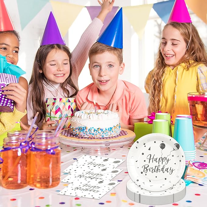 75PCS Happy Birthday Paper Plates - 7 Inch White Sliver Dot Paper Plates and 6.5 Inch Napkins with 6.3 Inch Sliver Forks Disposable Tableware Set for Birthday Party Decorations, Serve 25