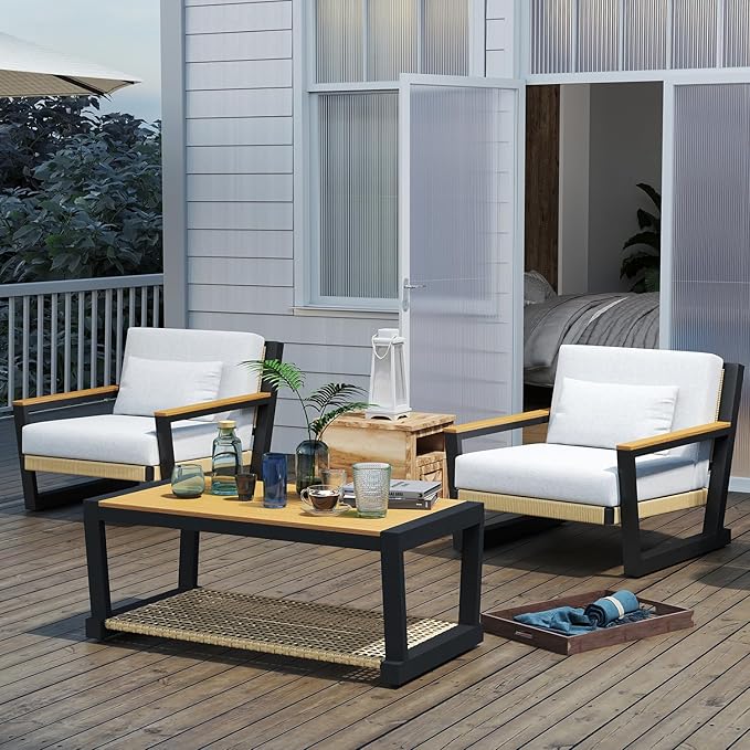 Aluminum Outdoor Patio Furniture Set 5 Seat, Patio Conversation Set with Durable Mesh Rope Weaving, Wide Armrests and Seats, Metal Sofa Set for Patio Yellow