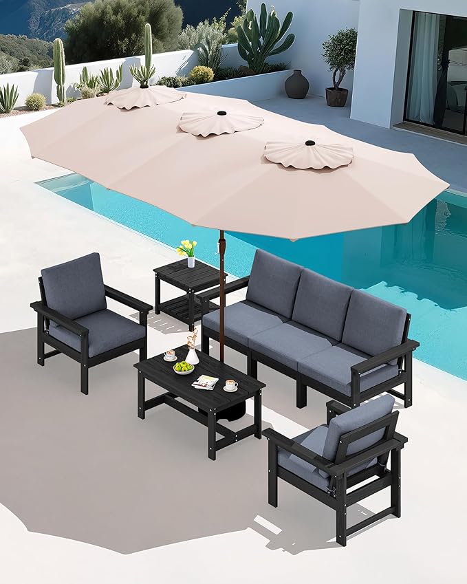 SERWALL HDPE Patio Furniture Set with 15FT Double Side Patio Umbrella, 7-Piece Outdoor Modular Sectional Sofa Set, All Weather Patio Couch Set for Deck, Black & Grey(Umbreall Base not Included)