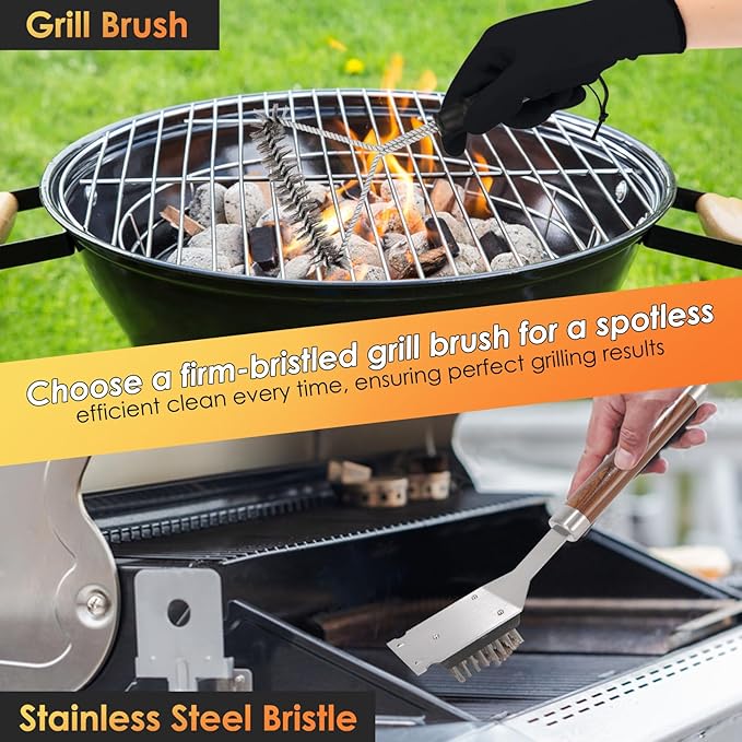 Yoehka BBQ Grilling Accessories Set, 34Pcs Heavy Duty Grill Tools for Outdoor Camping, Grilling Gifts for Men Dad, Stainless Steel Barbecue Utensils Kit with Mats and Glove in Carrying Bag, Brown