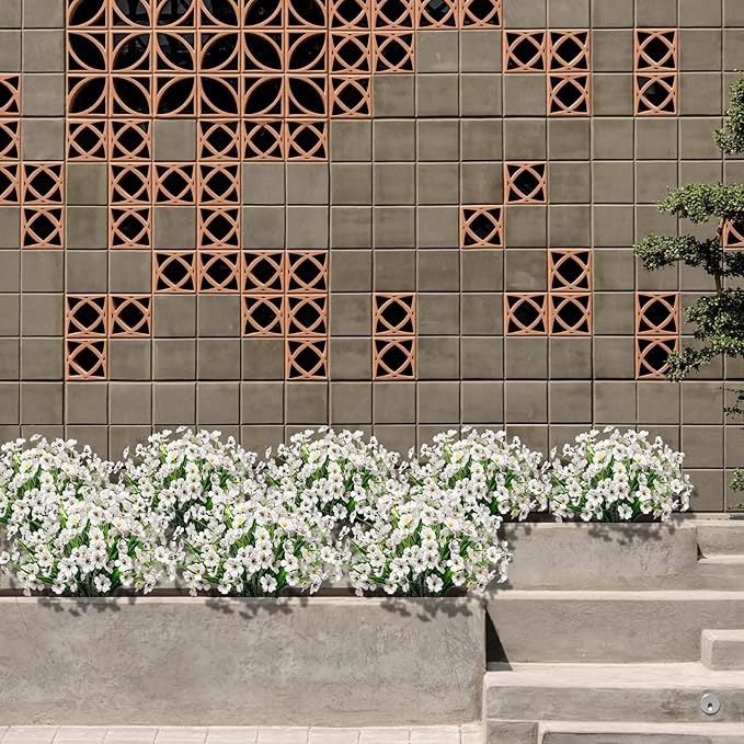 15 Bundles Artificial Flowers Outdoor UV Resistant Fake Silk Plants Plastic Faux Shrubs Outside Front Porch Window Box Garden Home Hanging Planter Decoration (White)