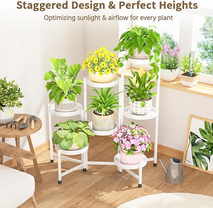 LASZOLA 7 Tiered Folding Plant Stand Indoor for Multiple Large Planter, Tall Heavy Duty Adjustable Rack with Rust Proof 10 Inch Wide Tray, Sturdy Vertical Tree Organizer for Narrow Inside Floor, White