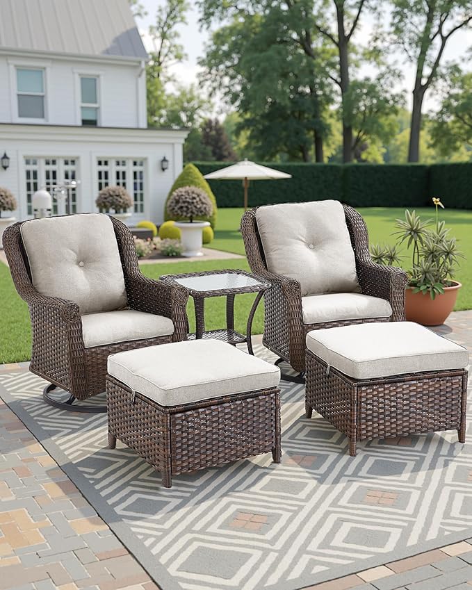3 Piece Patio Swivel Chairs and Side Table Set - High Back Outdoor Brown Wicker Rattan Rocking Glider with Thick Cushions for Porch Apartment Deck Yard Poolside Garden - Beige