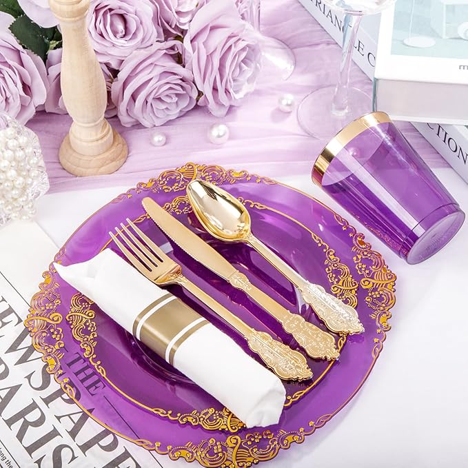 Hioasis 210pcs Purple and Gold Plastic Plates - Elegant Disposable Dinnerware Set Suitable for 30 Guests Include 10.25 Dinner & 7.5 Dessert Plates, Pre Rolled Silverware Set, Cups for Party & Wedding
