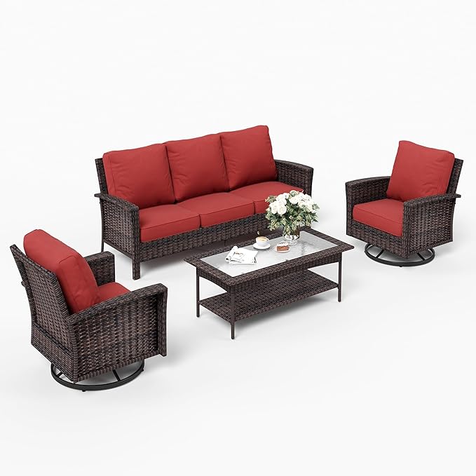 4 Pieces Patio Furniture Set with Swivel Chairs, High Back Wicker Rattan Sofa with Extra Thick Cushion and Coffee Table, Outdoor Conversation Set for Garden Backyard Deck,Red