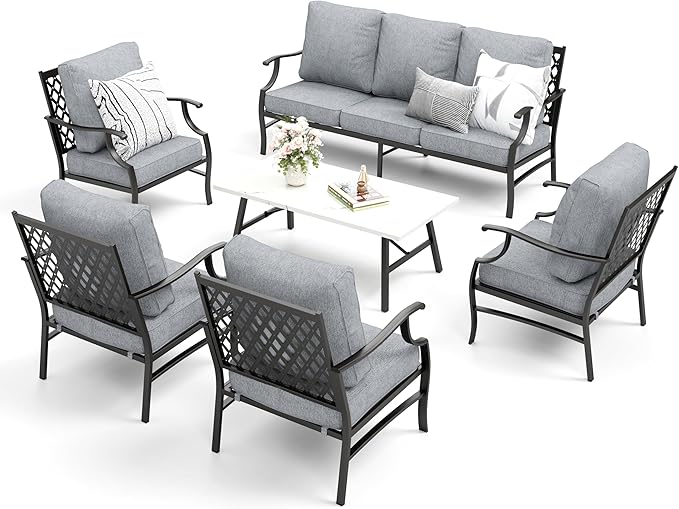 Patio Furniture Set 6 pcs, Outdoor Patio Furniture, 1 X 3-Seat Sofa, 4 X Single Chairs, 1 X Coffee Table and 5.75" Extra Thick Cushion, Patio Conversation Set,Grey