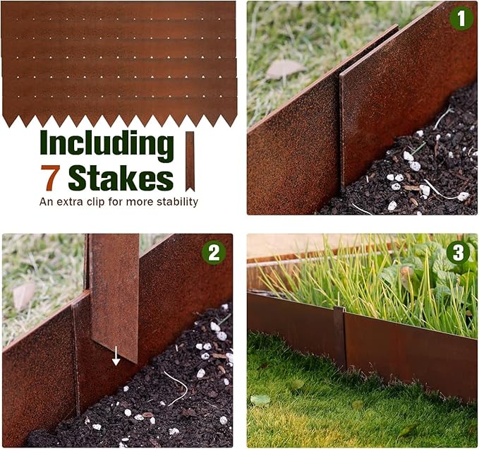 Worth Garden 6-Pack Cor-Ten Steel Landscape Edging with Black Protection Strips - Rust Patina Finish 40" L x 8" H (20Ft Total) - Hammer-in 14-Gauge Metal Corten Lawn Yard Edging Border w/ 7 Clips