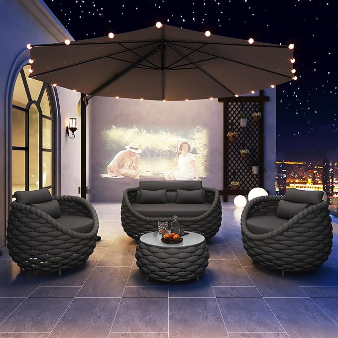 TWT Patio Furniture Sofa Set 4 Pieces Aluminum Outdoor Furniture w/27.8in Coffee Table,Patio Conversation Set with Hand Woven Textilene Rope for Backyard Garden Poolside,Dark Gray