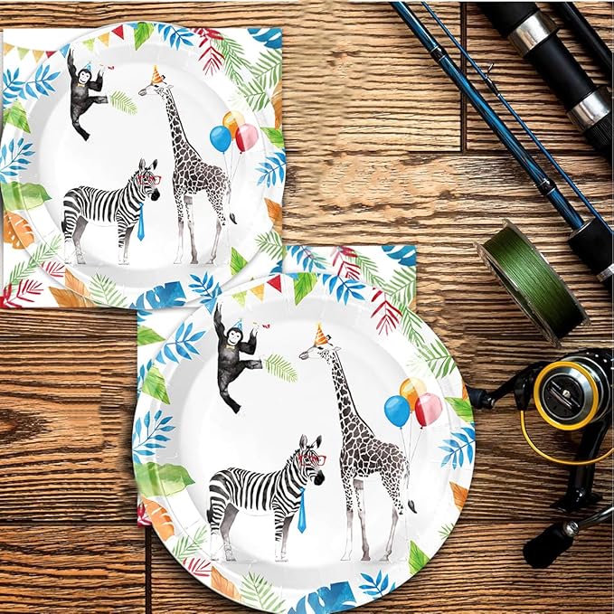 40Pcs Animals Birthday Party Plates Napkins for 20 Guests - Disposable Tableware Safari Jungle Party Animal Themed Birthday Decorations