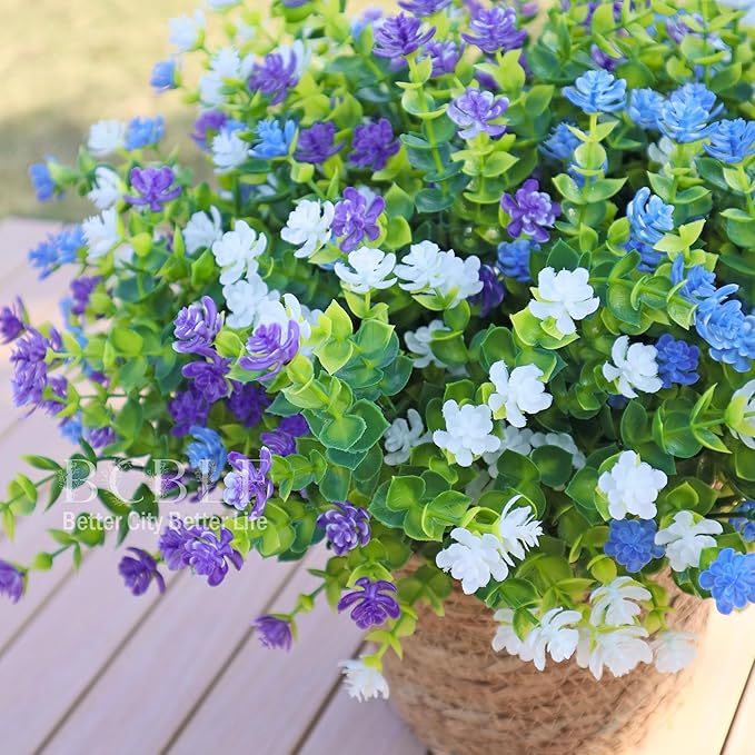 Artificial Flowers for Outdoors, 12 Bundles UV Resistant Realistic Faux Plants for Outside Porch Planter, Spring Summer Home Garden Decoration, Blue