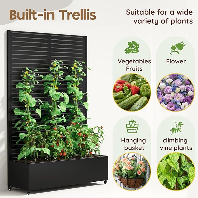 Metal Raised Garden Bed with Trellis & Wheels,70" x 47"x 15.7" Planter Box with Trellis,Privacy Planters for Patio,Garden Bed for Climbing Plants,Suitable for Climbing Plants and Vegetables,Black