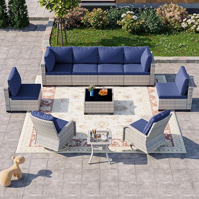 10-Piece Modern Patio Furniture Set with Swivel Chairs, Thick Cushions, Dual-Strand Wicker Rattan, Rust-Resistant Frame, Navy Blue