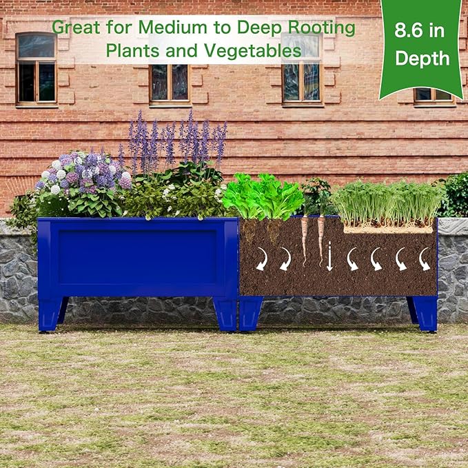 Raised Garden Bed with Low Profile Design Metal Planter Box for Growing Fresh Herbs Vegetables Flowers Succulents&Other Plants for Outdoor Backyard Patio Deck Balcony Blue