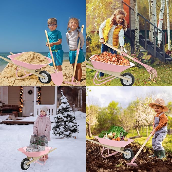 Kids Wheelbarrow Set with Gardening Tools Outdoor Backyard Garden Play for Toddlers Boys Girls 3-8, with Shovel, Rake, Leaf Rake, Easter Birthday Gifts (Pink Garden Set)