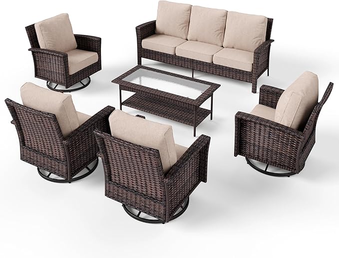 6 Pieces Patio Furniture Set with Swivel Chairs, High Back Wicker Rattan Sofa with Extra Thick Cushion and Coffee Table, Outdoor Conversation Set for Garden Backyard Deck,Beige
