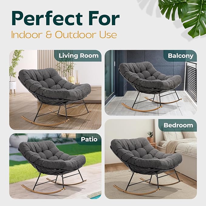 Bme Patio Rocking Chair Outdoor & Indoor, Metal Patio Lounge Rocking Chair with Thick Cushion, Comfy Modern Rocker Chair for Living Room, Porch, Backyard, Grey Cushion - Wood Texture Rocker