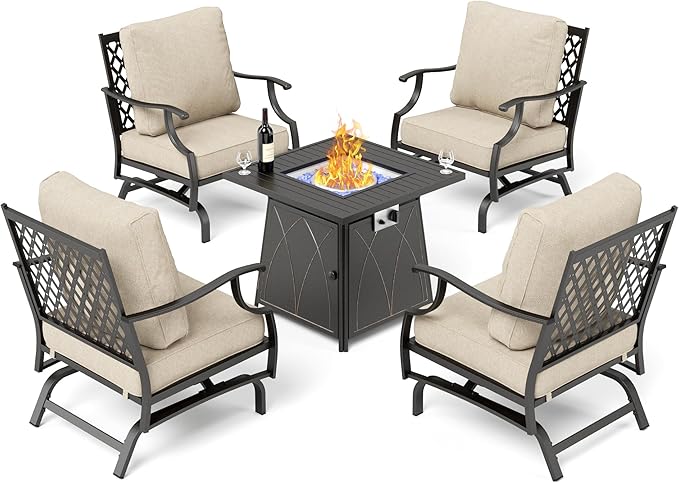 Patio Furniture Set with Firepit Table, 5 Piece Metal Outdoor Patio Furniture Set for 4, 4 Rocking Chairs with 5.75" Extra Thick Cushion and Gas Firepit Table for Backyard Deck Garden
