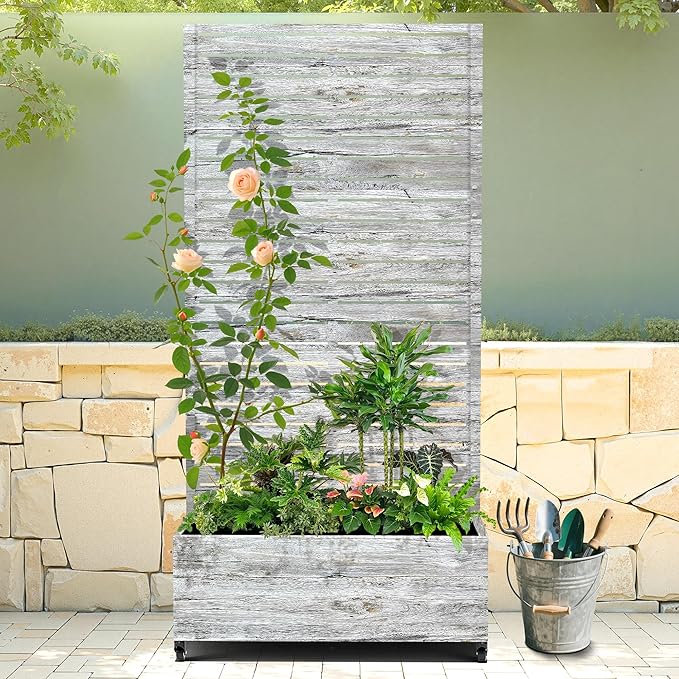 Raised Garden Bed with Trellis and Wheels,73"x35"x16" Metal Raised Garden Bed,White Wood Finish Metal Planter with Climbing Trellis for Vines & Vegetables