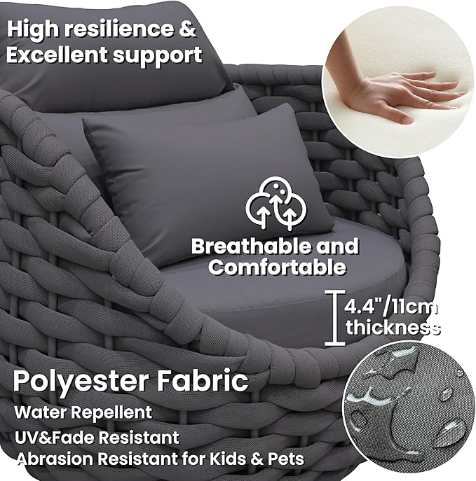 4 PCS Front Porch Accent Chair: Aluminum Woven Rope Armchair Assembled - Cushioned Patio Single Chair w/Arms Modern - All Weather Balcony Furniture for 400lbs Outdoor Yard Deck Hotel, Dark Gray