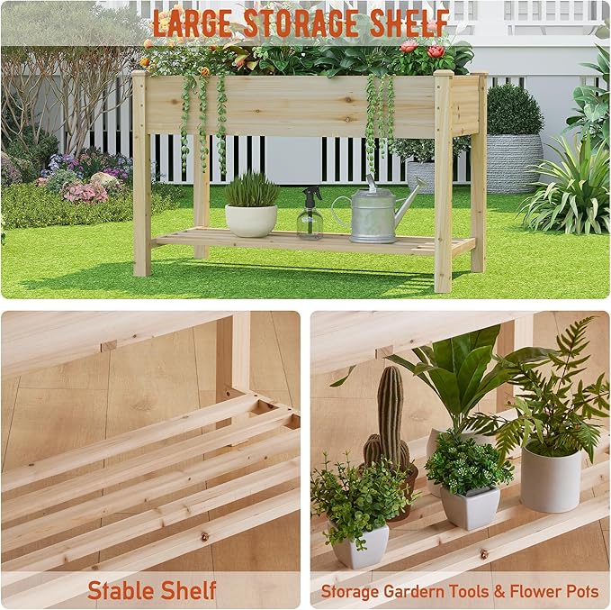 GHWIE Raised Garden Bed with Shelf,Elevated Wooden Planter Box with Legs,Garden Planter for Backyard, Patio, Balcony,200lb Capacity - Natural